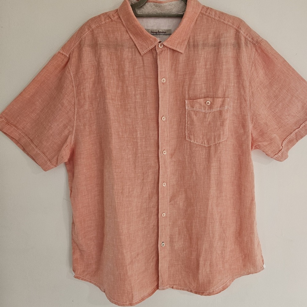Tommy Bahama Shirt Men XL Peach Linen Short Sleeve Button Up Casual Beach Summer